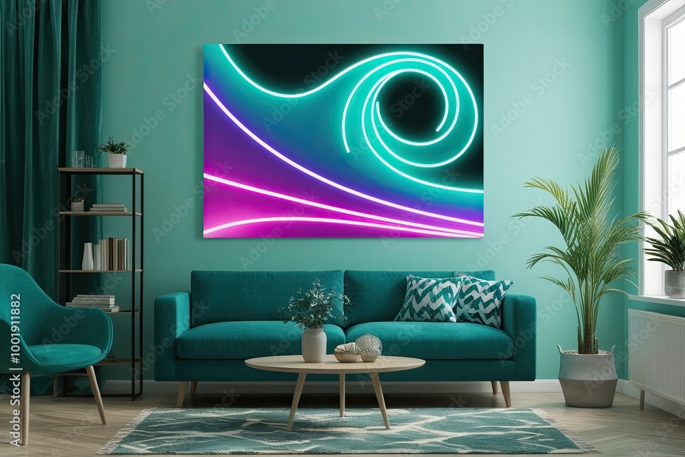 Poster vibrant teal neon wave canvas art with abstract gradient patterns