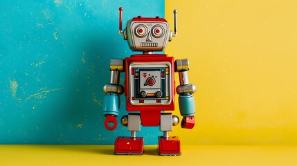 A toy robot with a control panel on a blue and yellow background