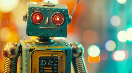 A toy robot with blinking lights on a blue and yellow background