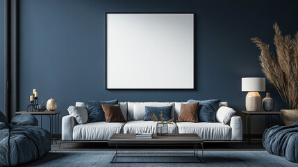 Comfortable living room. Sofa with cushions in front of pastel colored wall, Blue, white and beige color scheme	