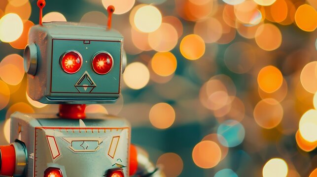 A toy robot with blinking lights on a blue and yellow background