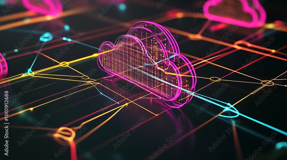 Poster Neon cloud computing network with digital lines and data.