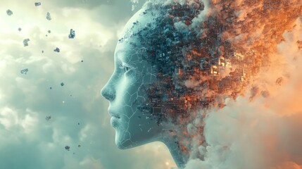 Digital Cityscape Forming a Human Profile in a Cloudy Sky