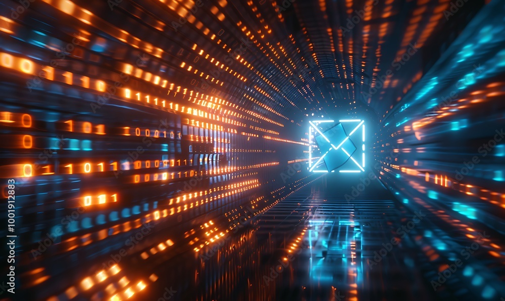Fototapete Glowing Digital Envelope Moving Through Light Tunnel with Binary Code and Motion Blur