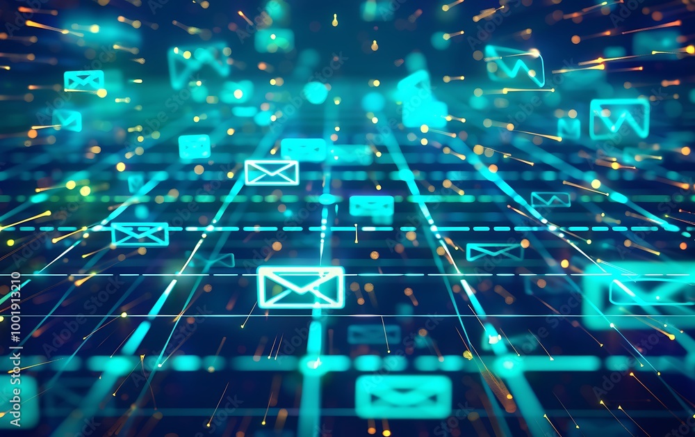 Aufkleber Abstract Digital Messaging with Luminous Lines and Message Icons Over Grid