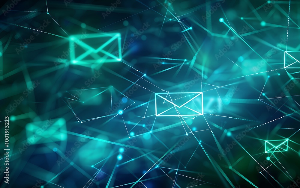 Poster Abstract Digital Messaging with Luminous Lines and Message Icons Over Grid