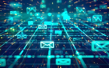 Obraz premium Abstract Digital Messaging with Luminous Lines and Message Icons Over Grid