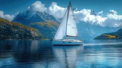 Naklejka premium Tranquil Sailboat on Serene Mountain Lake