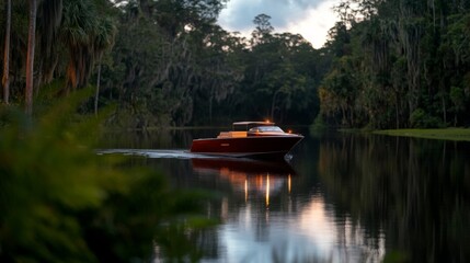 Fototapeta premium A modern boat glides effortlessly over a tranquil river, leaving gentle ripples behind. The lush, green landscape and warm light create a serene atmosphere perfect for a leisurely ride