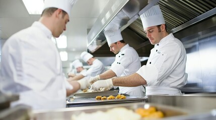 Chefs in pristine white uniforms and hairnets work meticulously in a professional kitchen, focusing on food preparation while maintaining high cleanliness standards