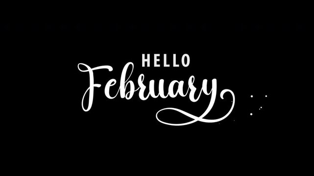 Hello February Handwritten Animated Text in white Color with particle effect, Perfect for social media posts, greeting cards, calendar designs. Suitable for December promotions.alpha channel only 4k