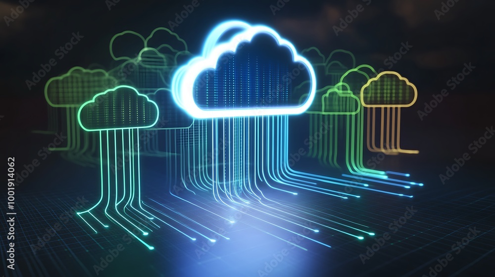 Aufkleber a glowing blue cloud icon with multiple connected lines in front of a dark background.