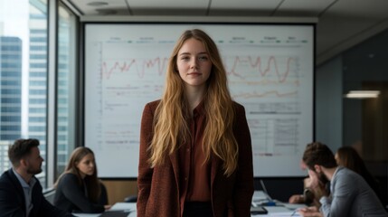 A confident young businesswoman stands in front of her colleagues, presenting graphs and charts on a large whiteboard in a sleek conference room. Her team attentively takes notes