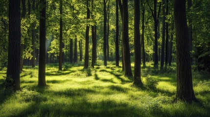 Fototapeta premium A dense forest, fresh nature with tall trees and lush green grass