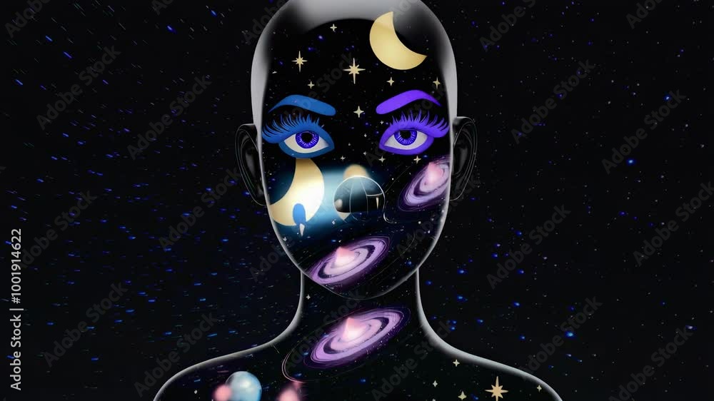 Poster a detailed, evocative prompt depicting a womans face and body adorned with celestial elements. the c