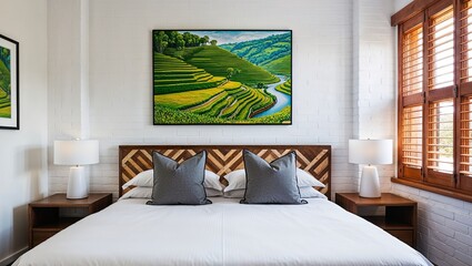 Modern, stylish bedroom with a large glass wall that opens to a lush garden. The room features a wooden bed frame with a white mattress, adorned with white and grey pillows 