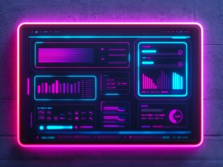 Obraz premium A clean advanced UI with floating holographic panels, seamless transitions, neon purple and blue lights, minimalistic design, Sci-fi atmosphere clean, layout, advanced