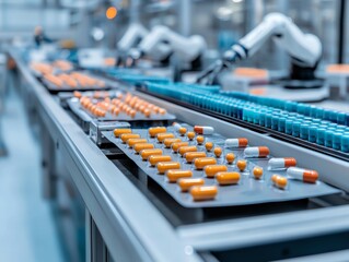 A clean factory where robotic systems are assembling and packaging drugs with precision, automated drug assembly, robotic pharmaceutical production
