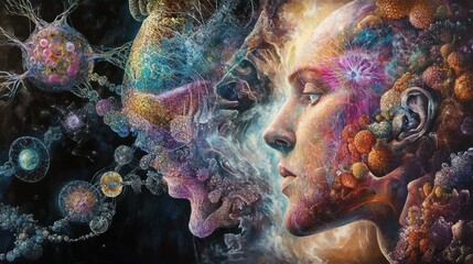 Abstract Portrait of Two Faces Composed of Cosmic Elements