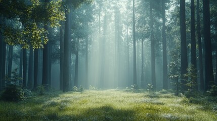 A misty forest clearing at daybreak, with soft light filtering through the foliage