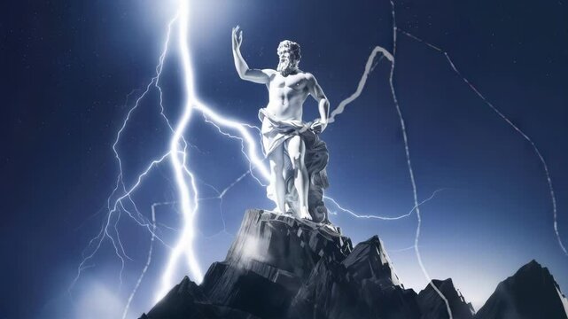 A powerful image of Zeus, the Greek god of the sky and thunder, standing on a mountaintop with lightning striking around him.