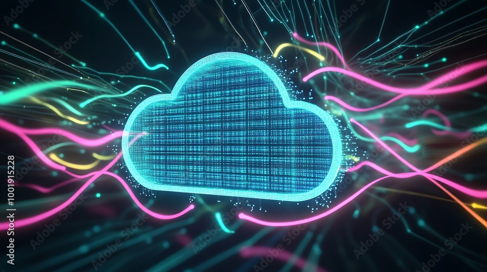Poster a glowing blue cloud icon with colorful lines radiating outward, representing cloud computing.