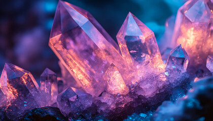 Obraz premium Detailed images of natural crystal formations, with sharp edges and glowing, translucent hues, adding a magical, geological beauty
