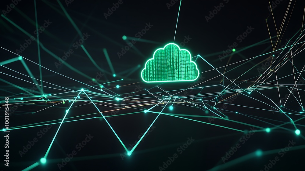 Poster green cloud icon in a network of glowing lines.