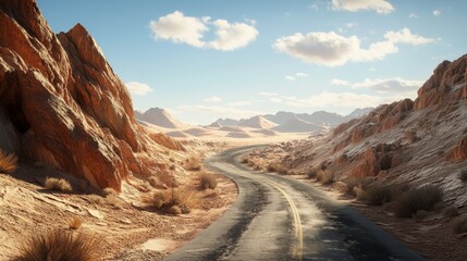 A narrow, winding desert road with steep cliffs