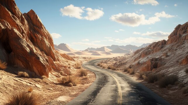 A narrow, winding desert road with steep cliffs