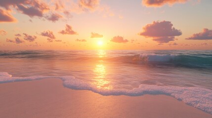 Obraz premium A pristine beach at sunset, the sky ablaze with orange and pink