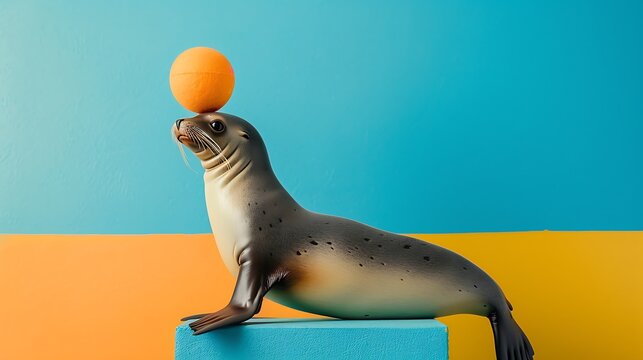 A toy zoo with a seal balancing a ball on a blue and yellow background