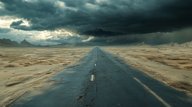 A remote desert highway with distant storm clouds, ultra detailed