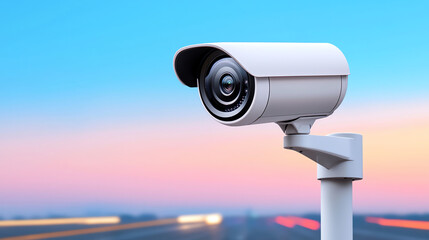 High-quality surveillance camera against a colorful sunset sky, capturing modern security solutions.