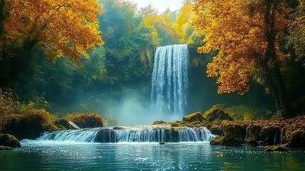 An enthralling panorama of breathtaking waterfalls, capturing the essence of natural beauty and tranquility. This stunning water landscape showcases the serene flow of cascading water, 