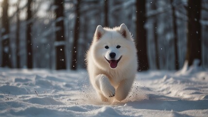 Playful Samoyed Puppy Running Through the Snow