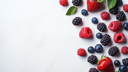 Top view of fresh berries on white background. Fresh and healthy food concept.