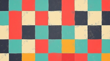Fototapeta premium A vibrant flat design showcasing a classic checkerboard pattern, featuring alternating squares in contrasting colors that create a visually striking effect. This geometric arrangement conveys a sense 