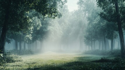 A serene morning in a foggy forest, with light filtering through the mist