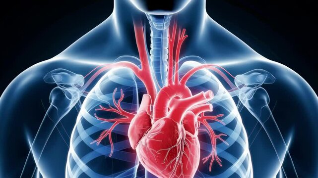 A detailed anatomical illustration of the human heart, showing its intricate structure and placement within the chest.