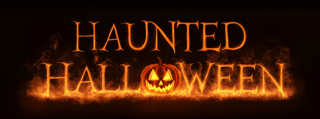Haunted Halloween text with scary carved pumpkin on fire  on a spooky night. Halloween title isolated on a black background for October 31 party
