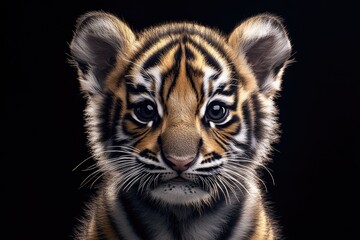 Obraz premium A close-up of a cute baby tiger on a dark studio shot