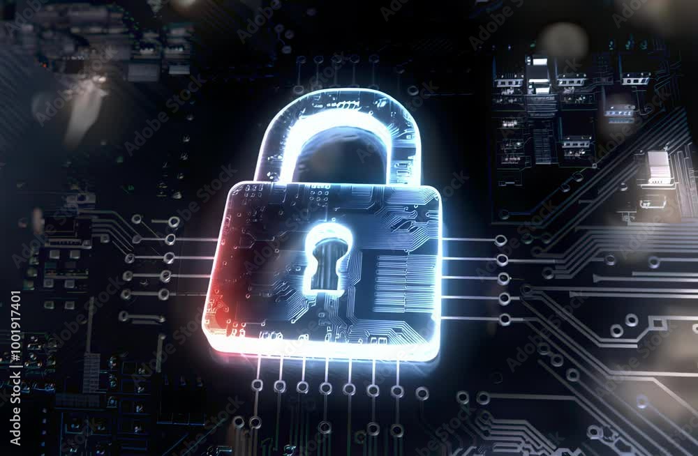 Poster a glowing padlock symbol on a circuit board, representing digital security and data protection.