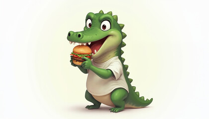 Obraz premium Crocodile wear t-shirt eating a hamburger