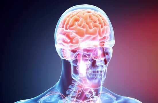 A detailed anatomical illustration of the human brain, showcasing its intricate structure and the surrounding nerves.