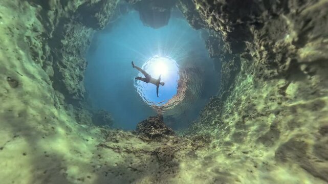 The Camera falls to the Bottom as the Man swims farther away, with the scene captured in a Hole Planet effect. The unique spherical view highlights the depth and distance of the underwater environment