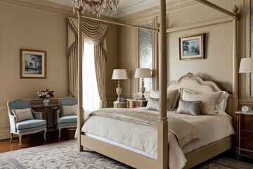 Vintage Classic Beige Four-Poster Bed with Detailed Linens and Decorative Pillows in Elegant Interior Design
