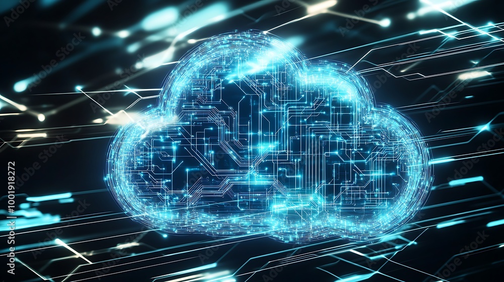 Poster Abstract digital cloud computing concept with glowing blue circuit board.
