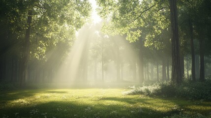 A tranquil forest clearing at daybreak, shrouded in light mist