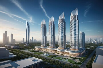 Obraz premium Futuristic Urban Design High Rise Shopping Center Architectural Landscape
